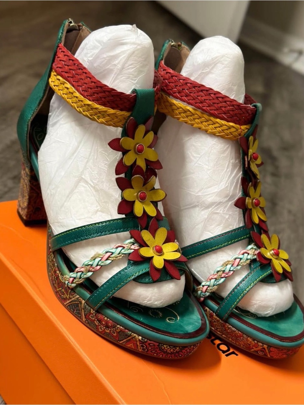 Others Follow Green Multicolor Floral Braided Block Heel Sandals